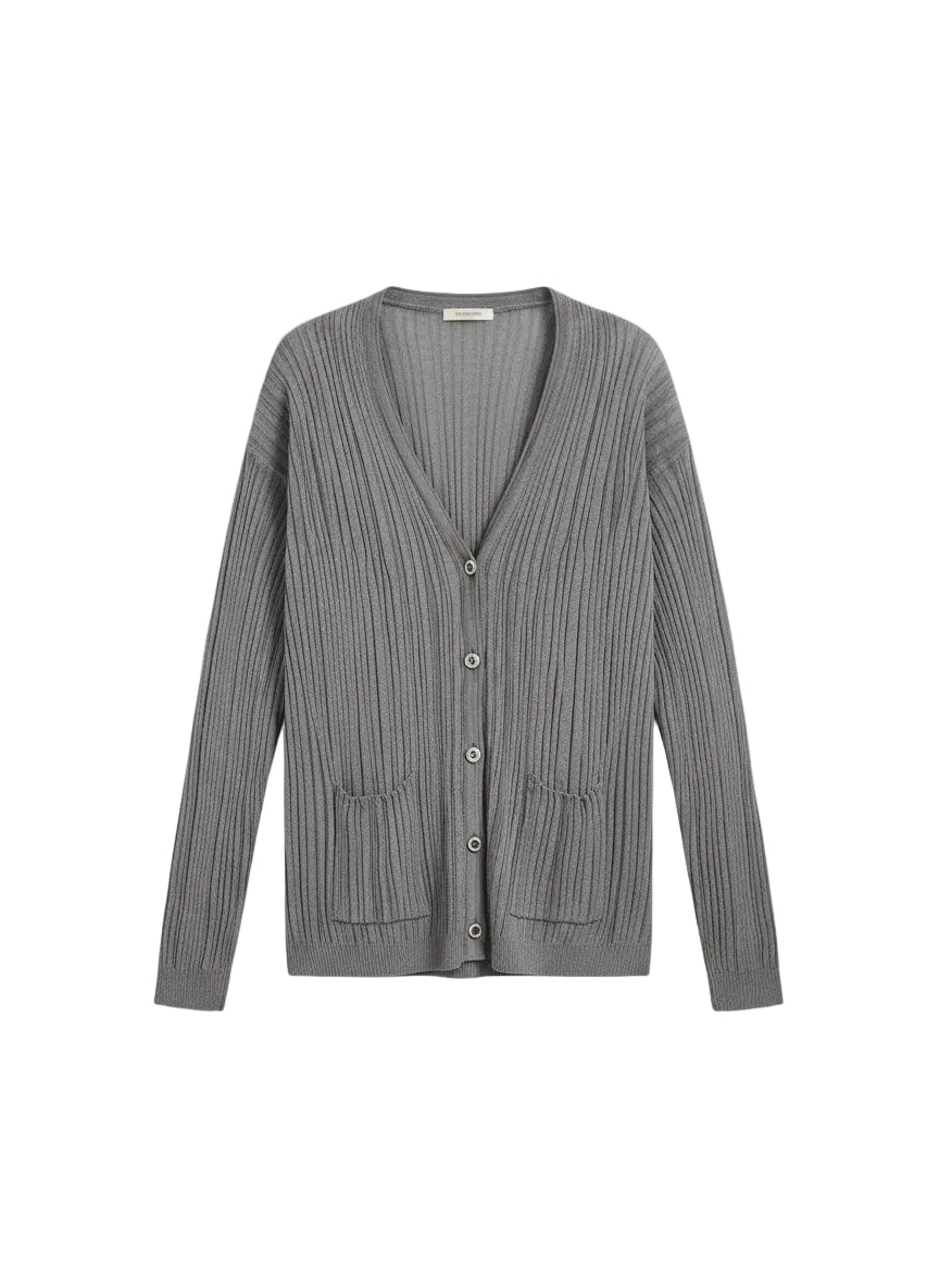 Gray ribbed cardigan on a white background