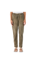 Person wearing olive green pants on a white background
