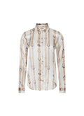 A long-sleeve button-up shirt with a vertical beige and white stripe pattern accented by blue circular details, shown on a plain white background.