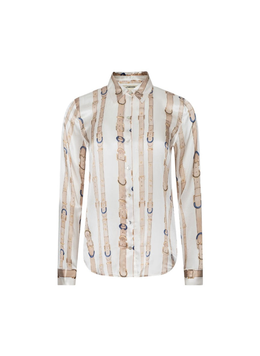 A long-sleeve button-up shirt with a vertical beige and white stripe pattern accented by blue circular details, shown on a plain white background.
