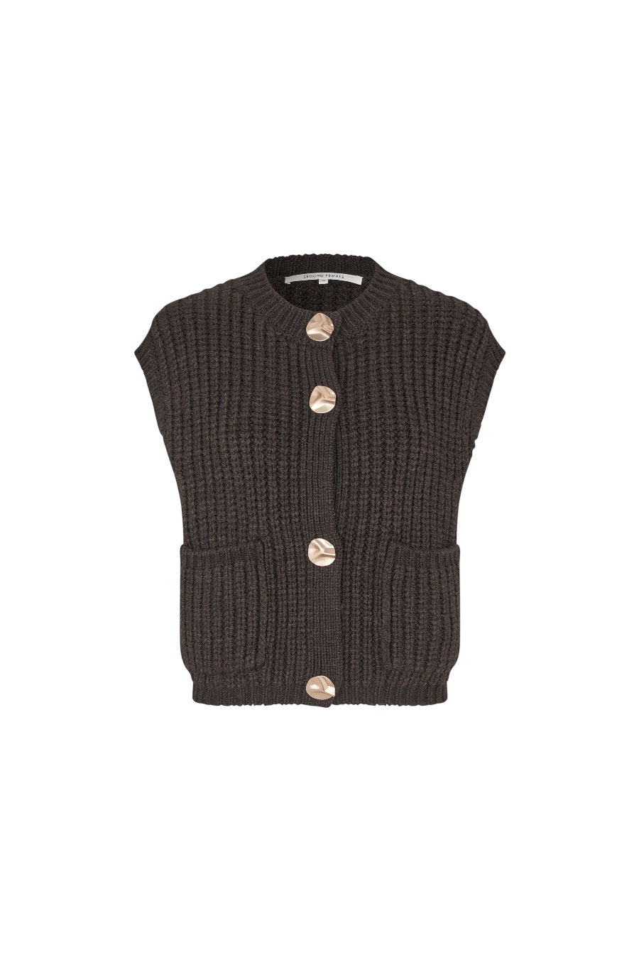 A dark brown ribbed knit sleeveless vest with three large metallic buttons and two front patch pockets, shown on a plain white background.