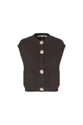 A dark brown ribbed knit sleeveless vest with three large metallic buttons and two front patch pockets, shown on a plain white background.