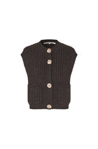 A dark brown ribbed knit sleeveless vest with three large metallic buttons and two front patch pockets, shown on a plain white background.