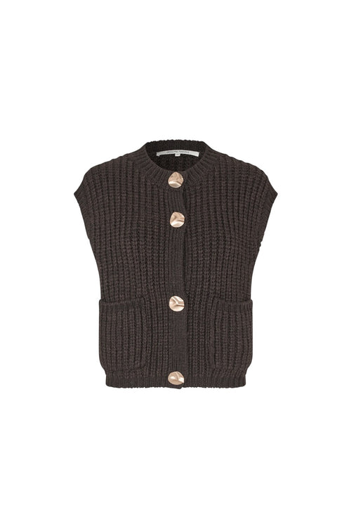 A dark brown ribbed knit sleeveless vest with three large metallic buttons and two front patch pockets, shown on a plain white background.