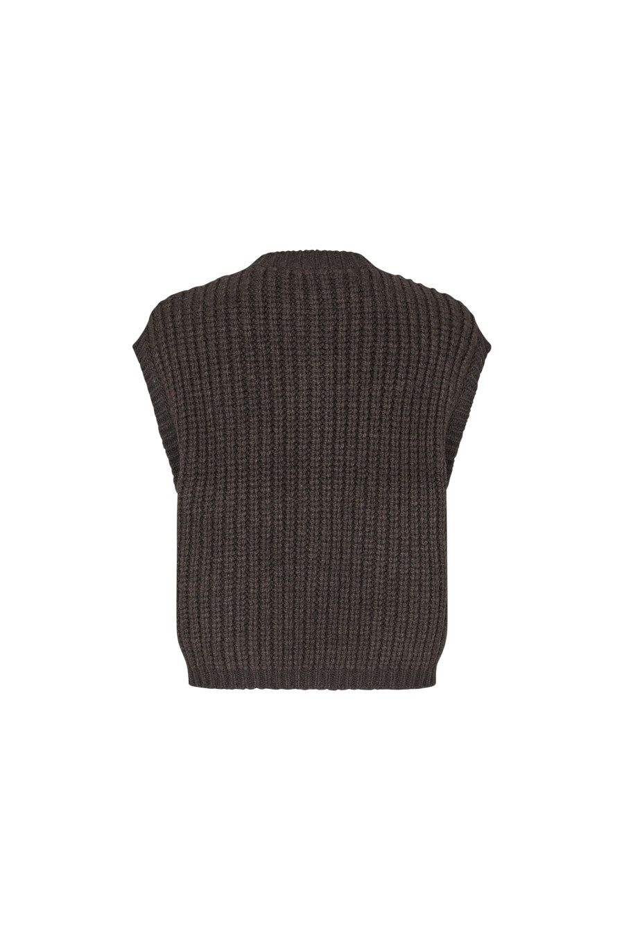 A dark brown ribbed knit sleeveless vest shown from the back, isolated on a solid white background.