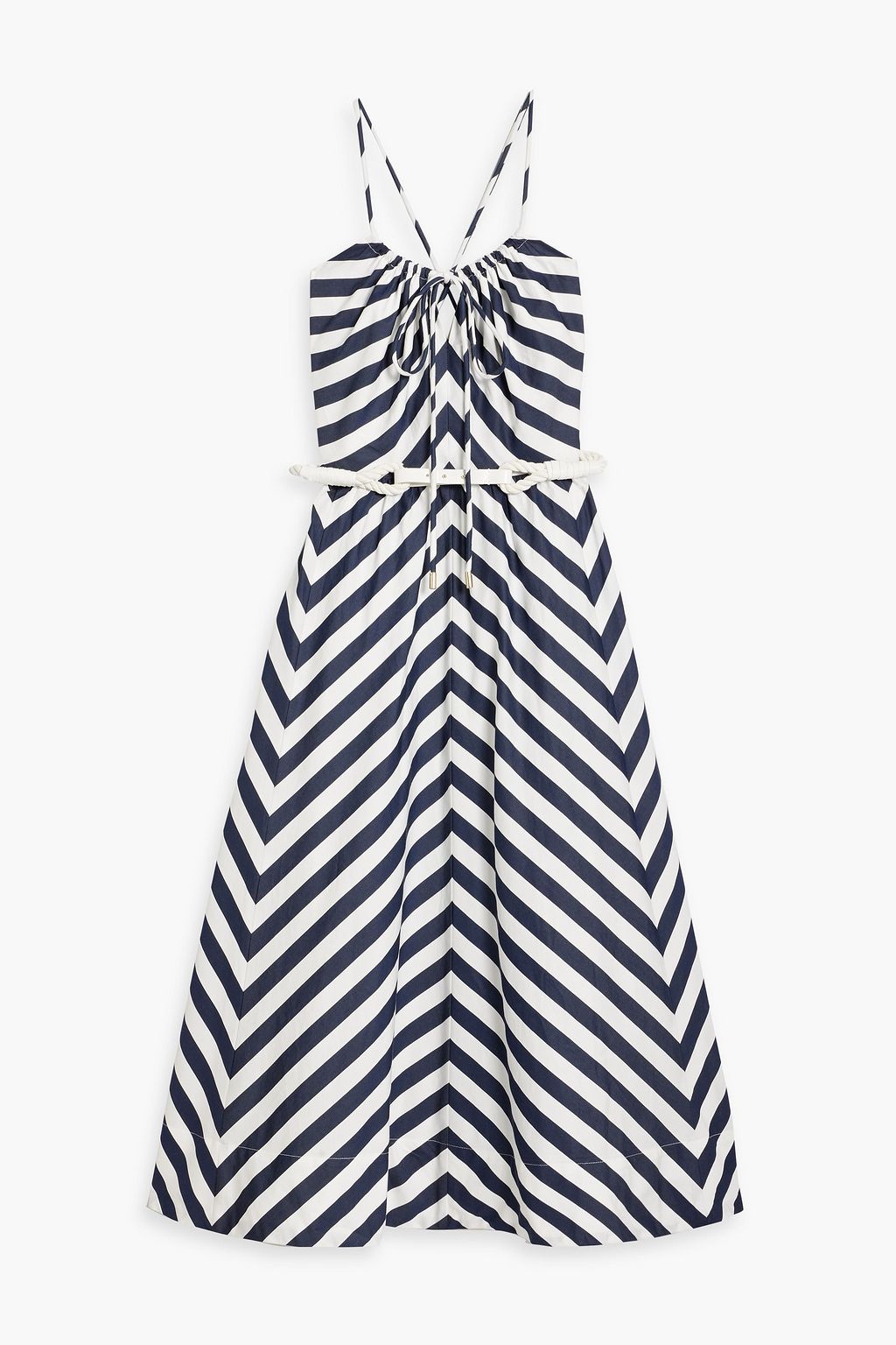 Navy and white striped dress on a white background