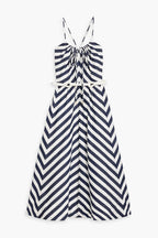 Navy and white striped dress on a white background