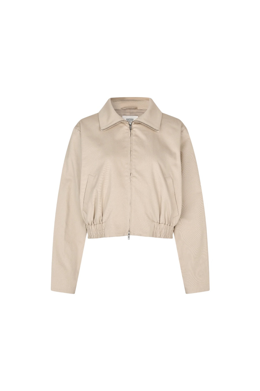 A cropped beige jacket with a collar, front zipper, and gathered elastic hem, shown on a plain white background.