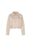 A cropped beige jacket with a collar, front zipper, and gathered elastic hem, shown on a plain white background.