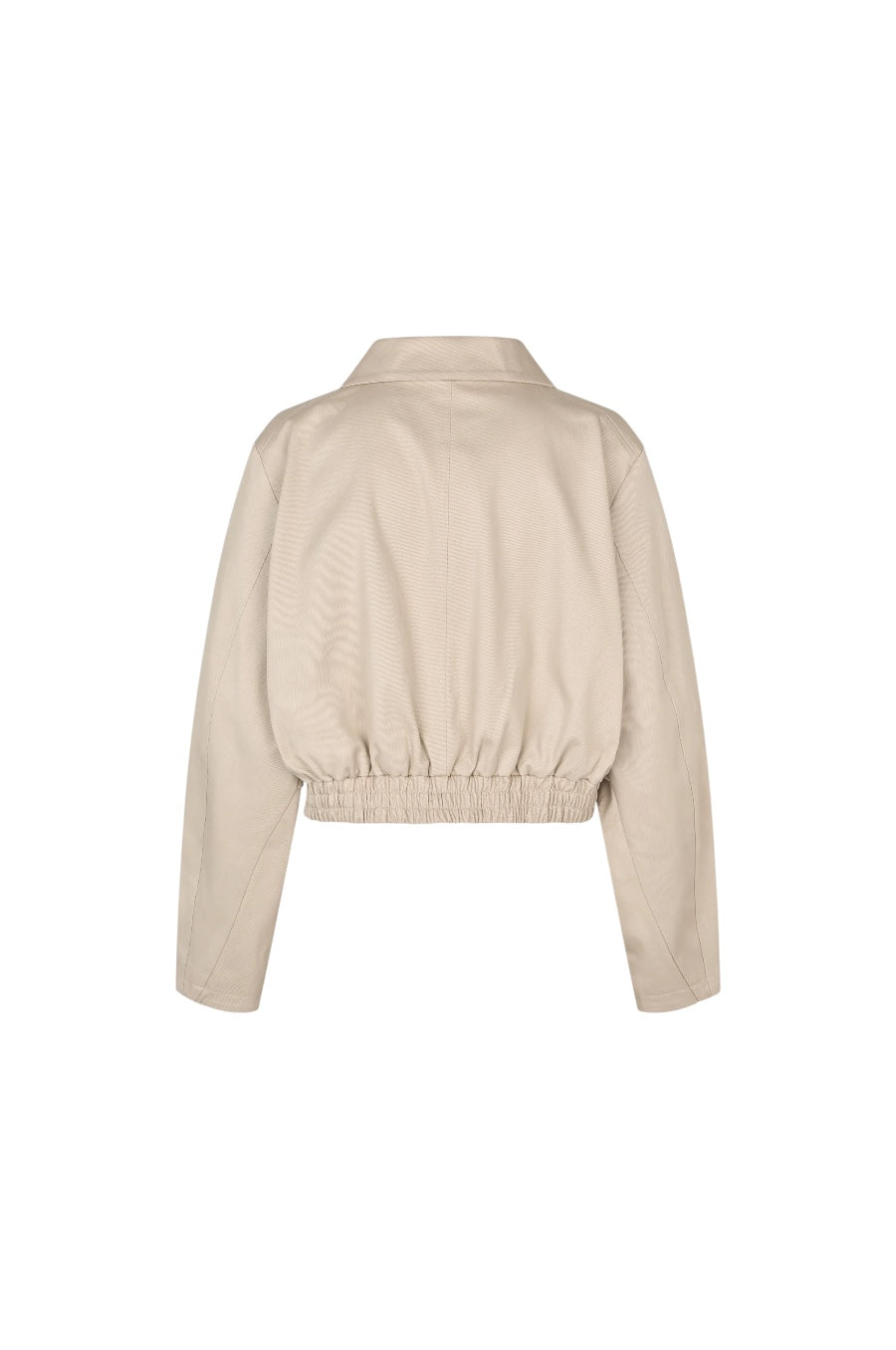 A cropped beige faux-leather jacket with long sleeves, a pointed collar, and an elasticated hem, shown from the back on a plain white background.