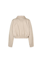 A cropped beige faux-leather jacket with long sleeves, a pointed collar, and an elasticated hem, shown from the back on a plain white background.