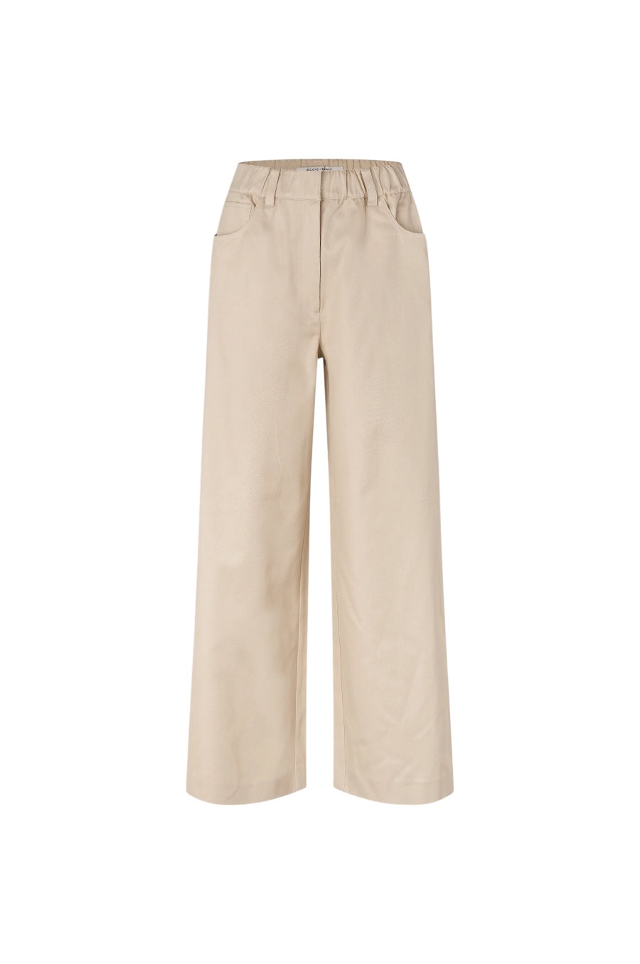 A pair of wide-leg cropped pants in a light beige or khaki color, featuring an elastic waistband, displayed on a clean white background.