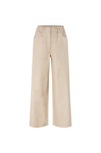 A pair of wide-leg cropped pants in a light beige or khaki color, featuring an elastic waistband, displayed on a clean white background.