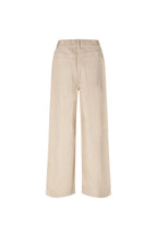 A pair of beige wide-leg cropped pants shown from the back on a plain white background.