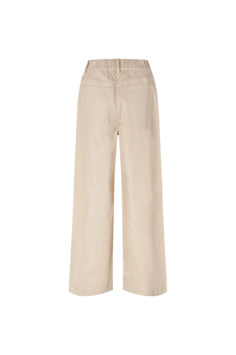 A pair of beige wide-leg cropped pants shown from the back on a plain white background.
