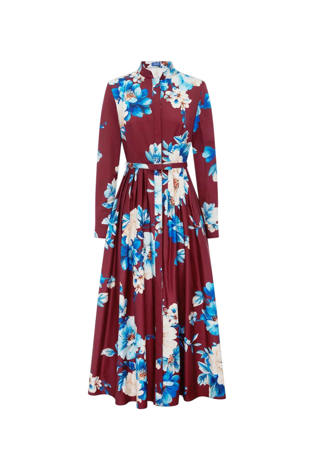 A long-sleeved maxi dress with a high collar and a matching waist tie, featuring a bold floral print in blue, cream, and white over a deep burgundy base, shown against a plain white background.