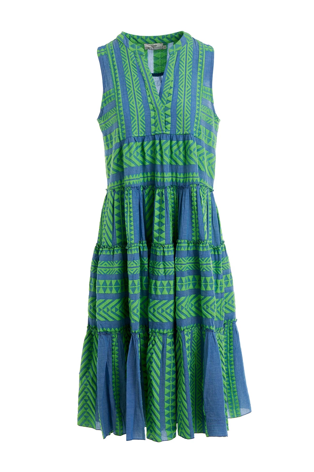 The Devotion Twins A-line tunic features a V-neckline with snap buttons and a sleeveless design. Its tiered skirt is detailed with ruffle trims, and the unlined construction makes it an ideal dress for warm summer days.
