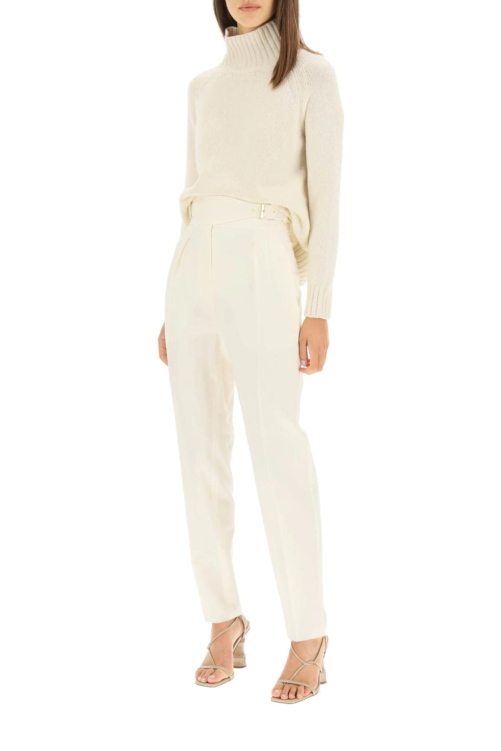 A pair of Max Mara Studio cream-colored long trousers with a high waist, front pleat, side pockets, and an integrated belt.